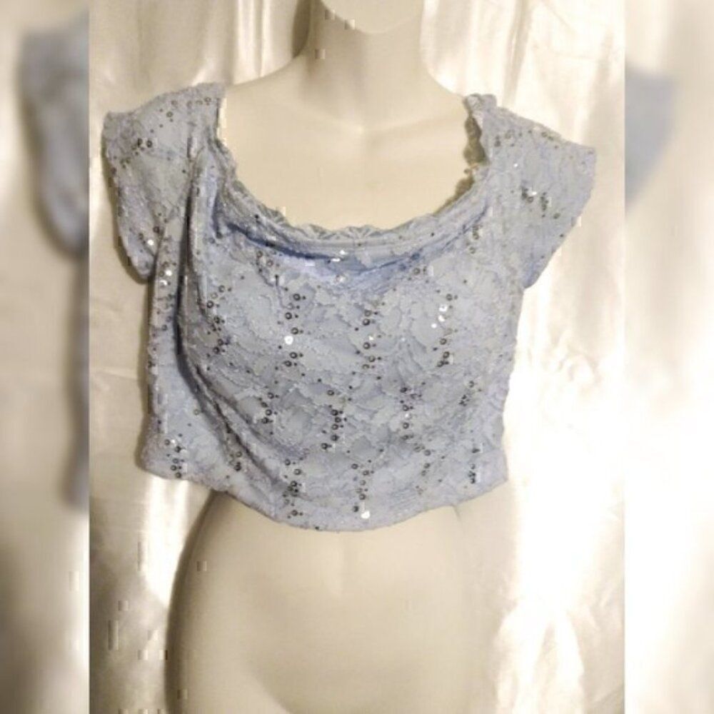 B.Darlin Baby Blue Cropped Sequin Short Sleeve  Lace Floral Zip Crop Top L